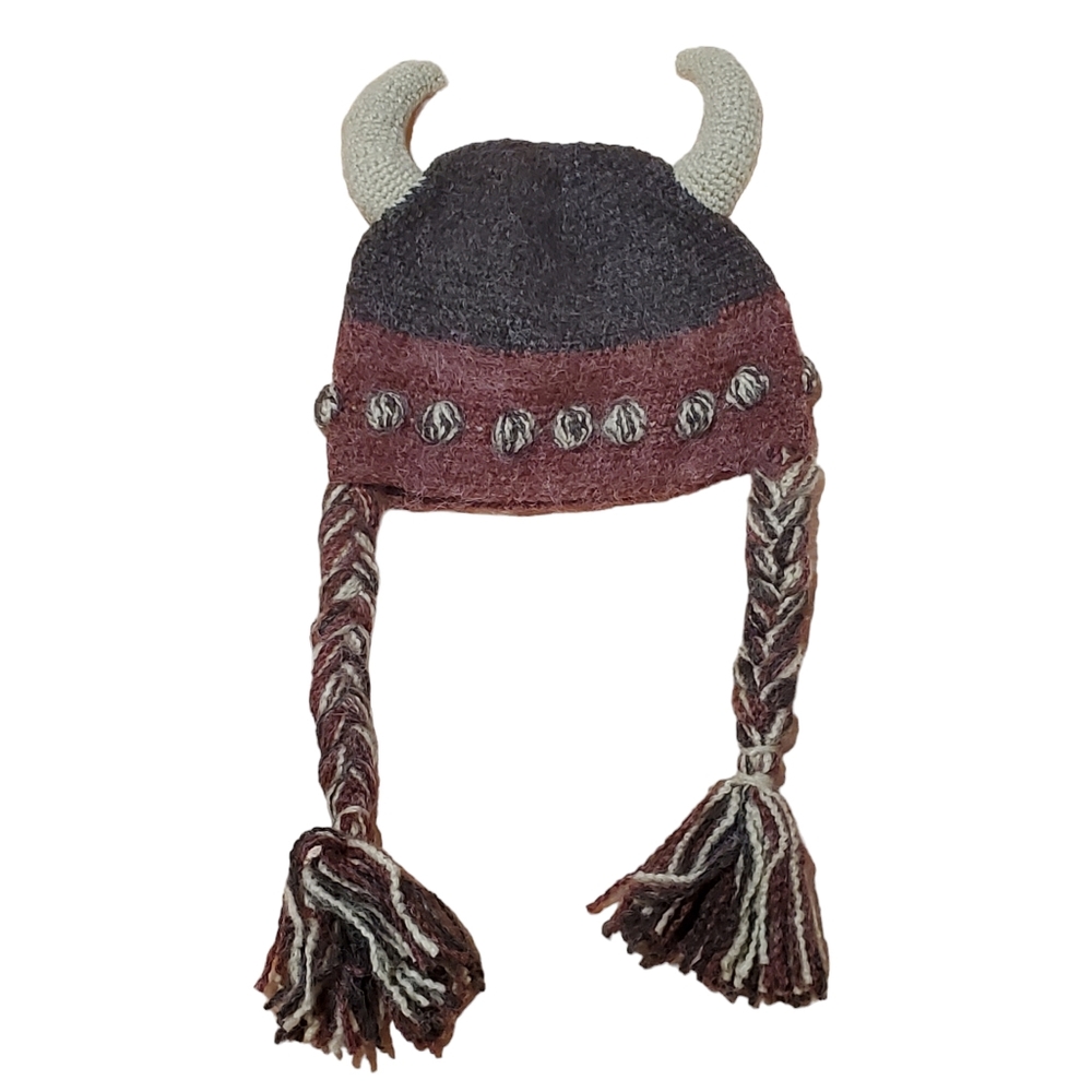 Hand Knit Horned Viking Hat with Braids - Brown / Brick / Tan